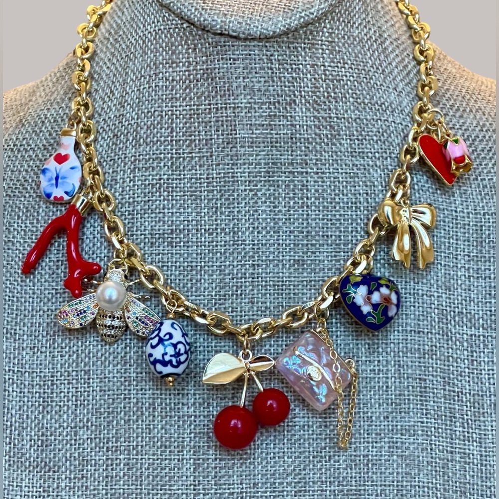 The Jackie Necklace: Tarnish resistant chain w various charms Red pink & blue